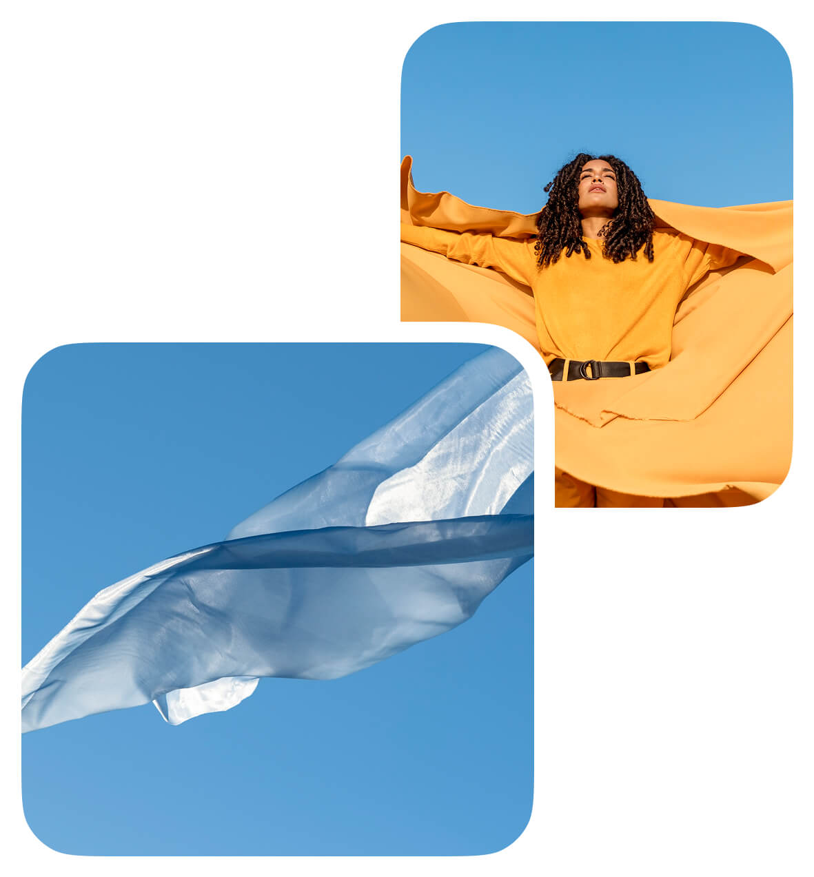 a woman wearing a flowy dress and a fabric waving in the air